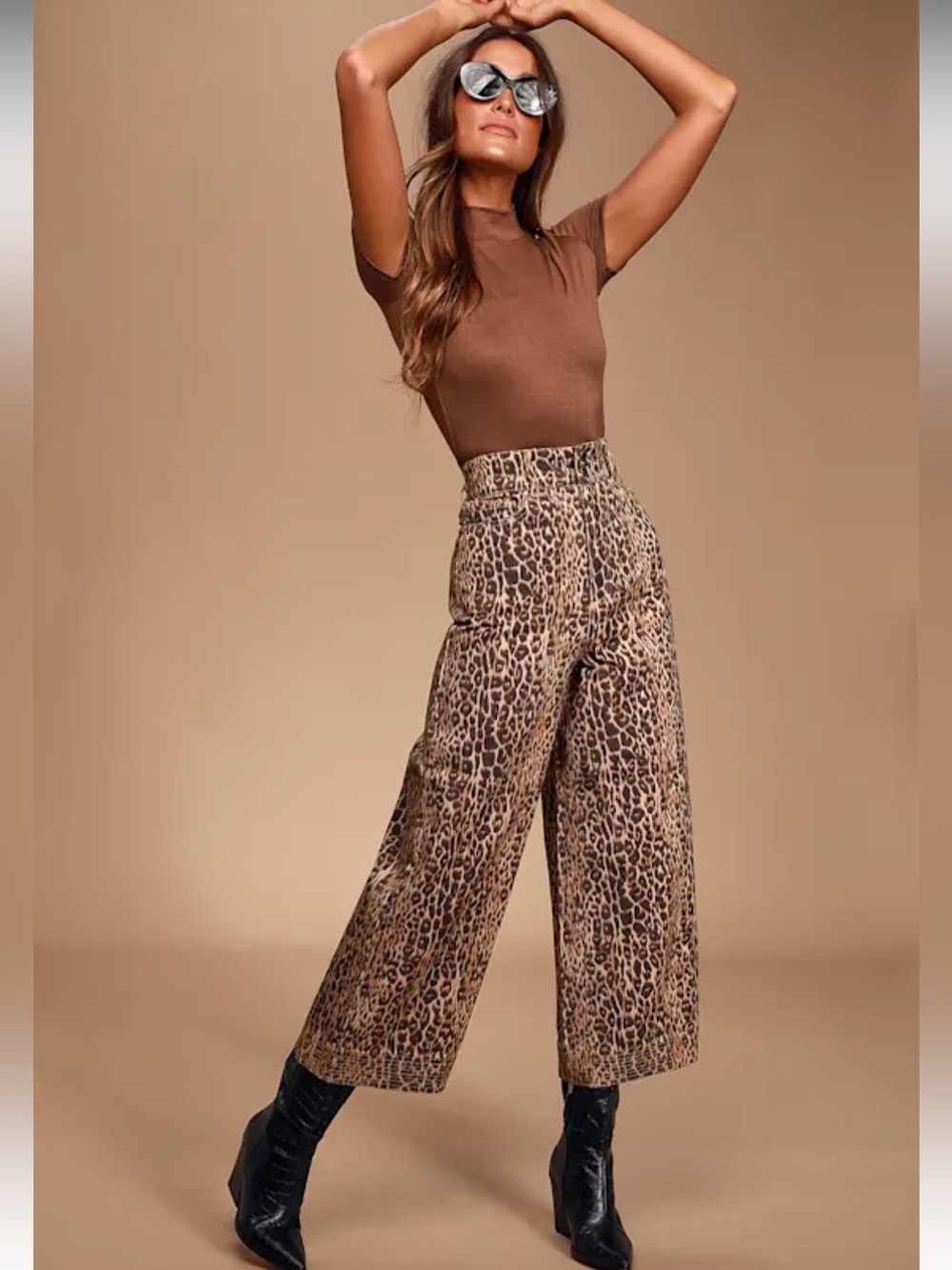 Reiterate Brown Leopard Print Wide Leg Jeans